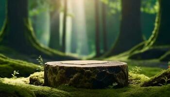 Magic forest flat stone podium, empty round stand background photo