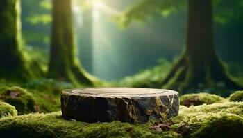 Magic forest flat stone podium, empty round stand background photo