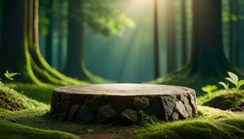 Magic forest flat stone podium, empty round stand background photo