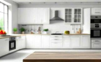 Blurred view of modern kitchen with white furniture with wooden table photo