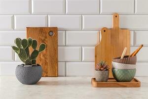 Set of ceramic bowls and cutting boards on stone light countertop in modern kitchen with potted opuntia, cactus . Front view. minimalism. photo