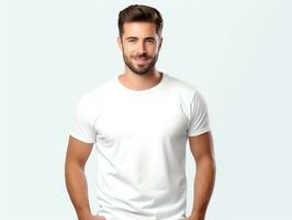 ai generado atractivo caucásico hombre vistiendo blanco vacío negro capucha Bosquejo para diseño modelo foto