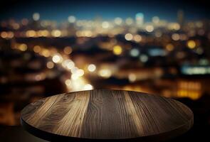 AI generated Blank empty wooden round tabletop over blur city night view background, mock up and montage for product photo