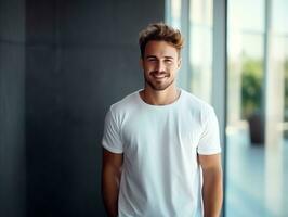 AI generated Attractive caucasian man wearing blank empty black hoodie mockup for design template photo