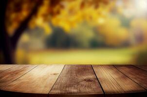 AI generated Abstract empty wooden desk tabletop with copy space over autumn trees blurred background, display for product montage, Generative Ai photo