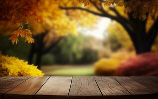 AI generated Abstract empty wooden desk tabletop with copy space over autumn trees blurred background, display for product montage, Generative Ai photo