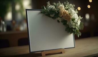 ai generado blanco Boda invitación tarjeta burlarse de arriba con natural flor para decorado en blanco fondo, mínimo diseño foto