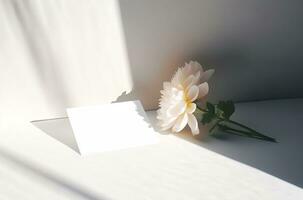 ai generado blanco Boda invitación tarjeta burlarse de arriba con natural flor para decorado en blanco fondo, mínimo diseño foto