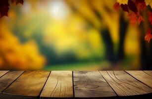 AI generated Abstract empty wooden desk tabletop with copy space over autumn trees blurred background, display for product montage, Generative Ai photo