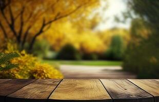 AI generated Abstract empty wooden desk tabletop with copy space over autumn trees blurred background, display for product montage, Generative Ai photo