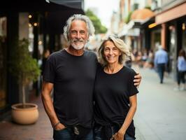 AI generated A senior couple wearing white matching t-shirts mockup for design template photo