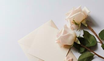 AI generated Blank wedding invitation card mock up with natural rose for decorated on white background, minimal design, generative Ai photo