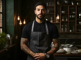 AI generated Male chef wearing mockup of blank empty white apron in the kitchen of restaurant, template for shop branding identity photo