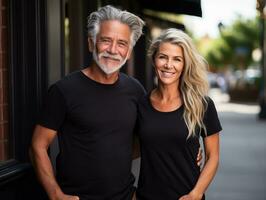 AI generated A senior couple wearing white matching t-shirts mockup for design template photo