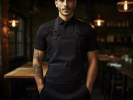 ai generado masculino cocinero vistiendo Bosquejo de blanco vacío blanco delantal en el cocina de restaurante, modelo para tienda marca identidad foto