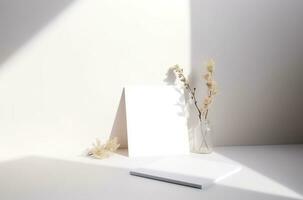 ai generado blanco Boda invitación tarjeta burlarse de arriba con natural flores para decorado en blanco fondo, mínimo diseño, generativo ai foto