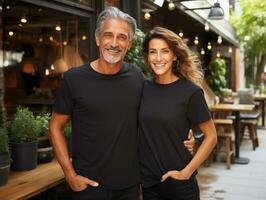 AI generated A senior couple wearing white matching t-shirts mockup for design template photo