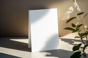 ai generado blanco Boda tarjeta invitación burlarse de arriba con natural flor para decorado fondo, mínimo diseño tarjeta, generativo ai foto