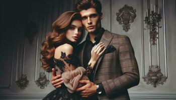 AI generated Romantic Elegance. A Beautiful Couple Embracing Love and Style photo