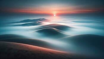 ai generado etéreo puesta de sol terminado brumoso arena dunas paisaje foto