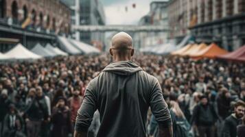 AI generated Back view of a man. The crowd gathered to protest photo