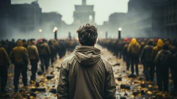 AI generated Back view of a man. The crowd gathered to protest photo