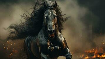 AI generated Majestic Black Horse Emerging from Ethereal Smoky Darkness photo