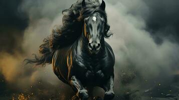 ai generado majestuoso negro caballo emergente desde etéreo ahumado oscuridad foto