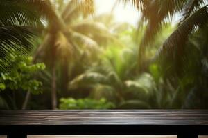 burnt wood table for product presentation. against the background of palm trees and various tropical jungle plants photo