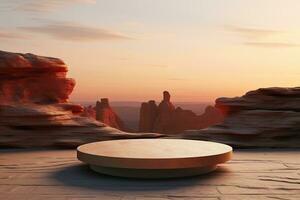 round stone marble pedestal at the top of the canyon in sunset warm orange colors. minimalist design for displaying fashion products photo