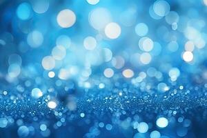 deep blue glitter bokeh background. backdrop of shiny blurry particles photo