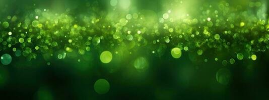 green eco glitter bokeh background. backdrop of shiny blurry particles photo