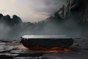 a round stone podium on top of a cliff with neon lighting or hot lava inside. minimalist design with white steam or smoke to display fashion products photo