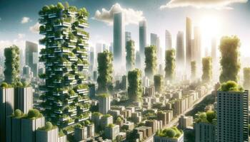 ai generado futurista paisaje urbano con vertical jardines y luz de sol foto