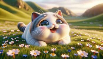 AI generated Joyful animated cat playing in vibrant meadow sunset photo