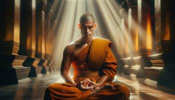 AI generated Monk Meditates in Temple Bathed in Ethereal Golden Light photo