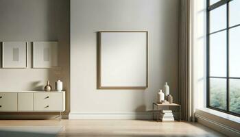 AI generated Modern Interior with Blank Frame for Mockup Display photo