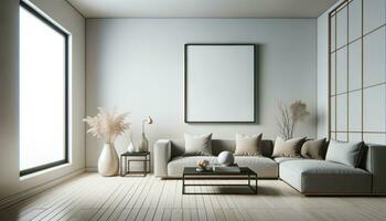 AI generated Modern Interior with Blank Frame for Mockup Display photo