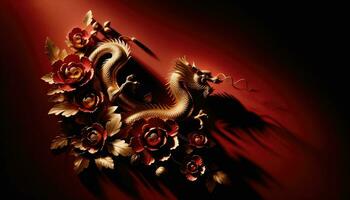 AI generated Golden Dragon Amidst Floral Elegance on Red Backdrop photo