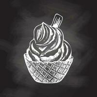 A hand-drawn sketch of a waffle basket with frozen yogurt or ice cream with cookies on chalkboard background. Vintage illustration. Element for the design of labels, packaging and postcards. vector