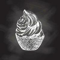 A hand-drawn sketch of a waffle basket with frozen yogurt or soft ice cream on chalkboard background. Vintage illustration. Element for the design of labels, packaging and postcards. vector