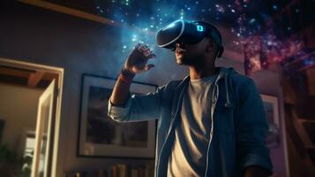 Young Man using virtual reality headset, looking around at interactive technology in living room with multicolor projector light illumination,AI Generated photo