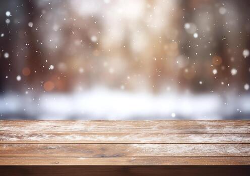 Abstract empty wooden table top with copy space over christmas winter bokeh blurred light background,AI Generated photo
