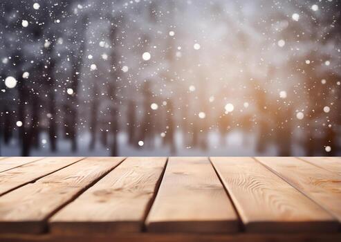 Abstract empty wooden table top with copy space over christmas winter bokeh blurred light background, AI Generated photo