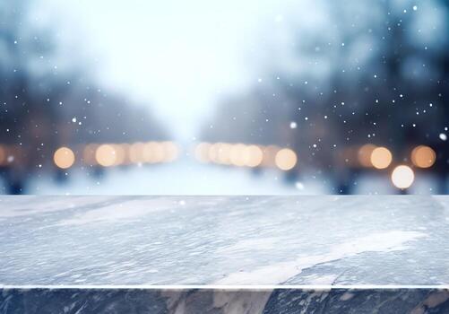 Abstract empty marble table top with copy space over christmas winter bokeh blurred light background, AI Generated photo