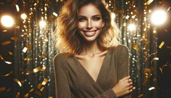 AI generated Glamorous Woman Smiling in Sparkling Celebration Atmosphere photo