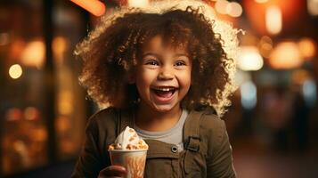 contento niño con hielo crema en ciudad noche foto