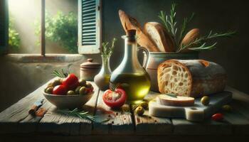 AI generated Artisan Bread, Fresh Olives, and Tomatoes on Rustic Table photo