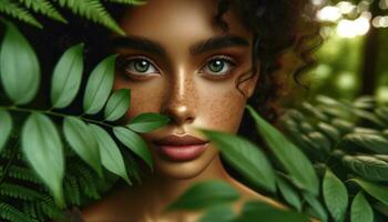 AI generated Woman Embraced by Lush Green Foliage photo