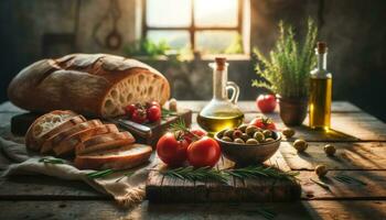 ai generado artesano pan, Fresco Olivos, y Tomates en rústico mesa foto